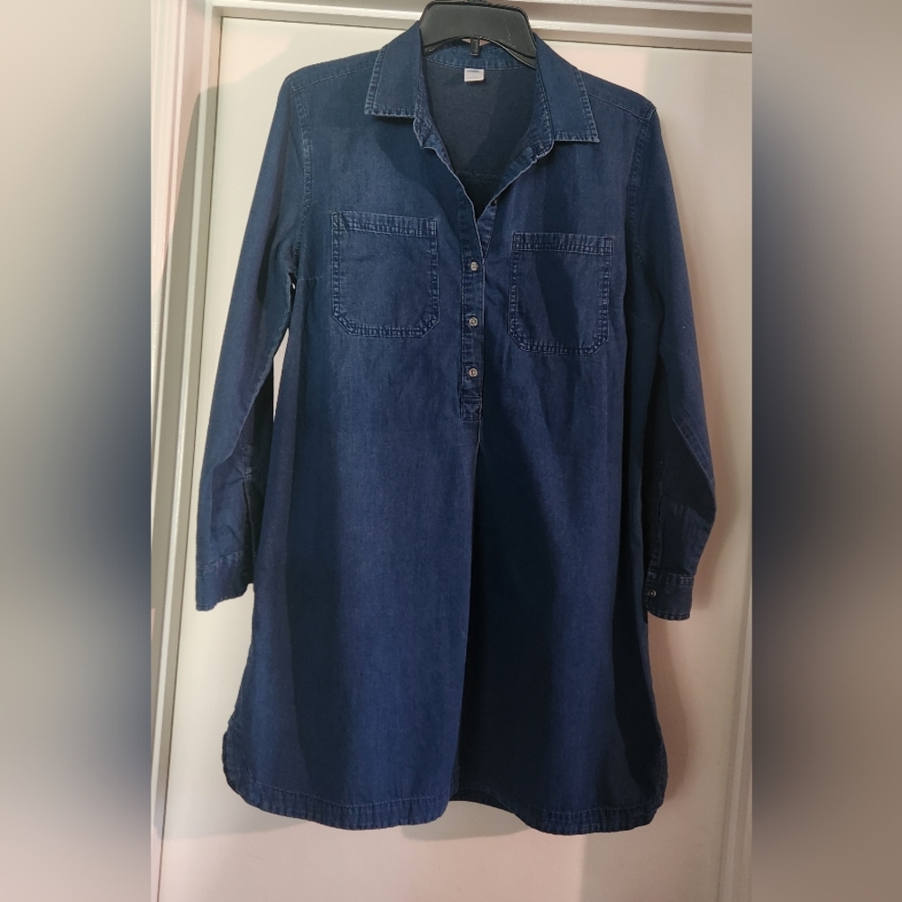 Old Navy Women's Dark Wash Chambray Denim Mini Shirt Dress Sz Large EUC $22